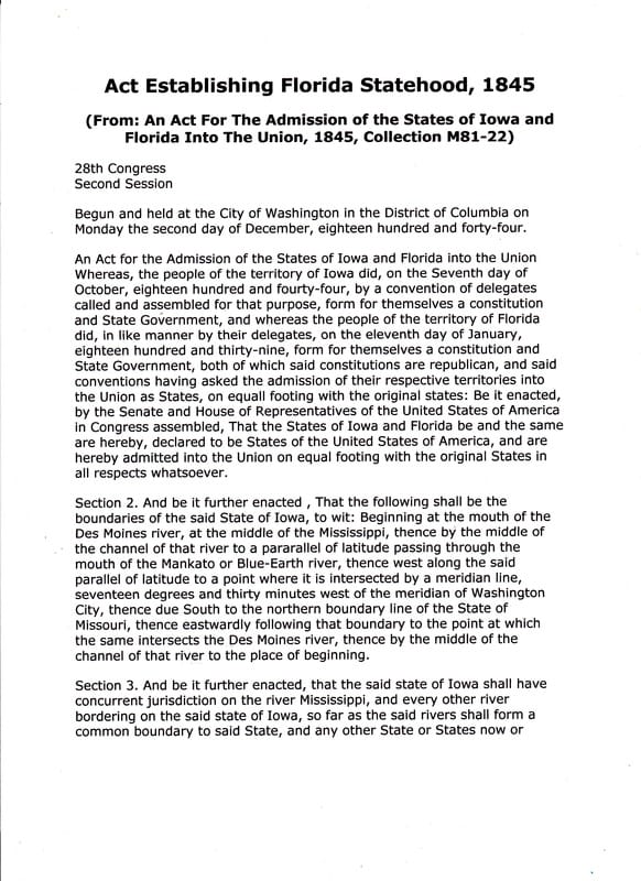 Page one of the Congressional ACT Establishing Florida’s sublicense of Statehood in 1845.