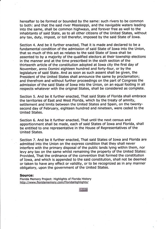 Page two of the Congressional ACT Establishing Florida’s sublicense of Statehood in 1845, with Section Seven being of particular interest.